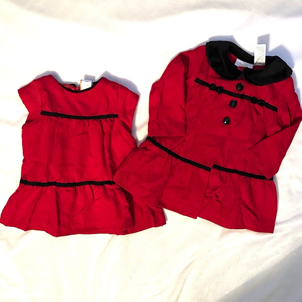 Vintage Little Bitty Baby Girls 2pc Set Dress & Overcoat Jacket 12M red black